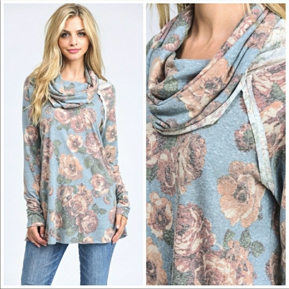 Blue Floral Long Sleeve Turtleneck Tee - Picture 11 of 13
